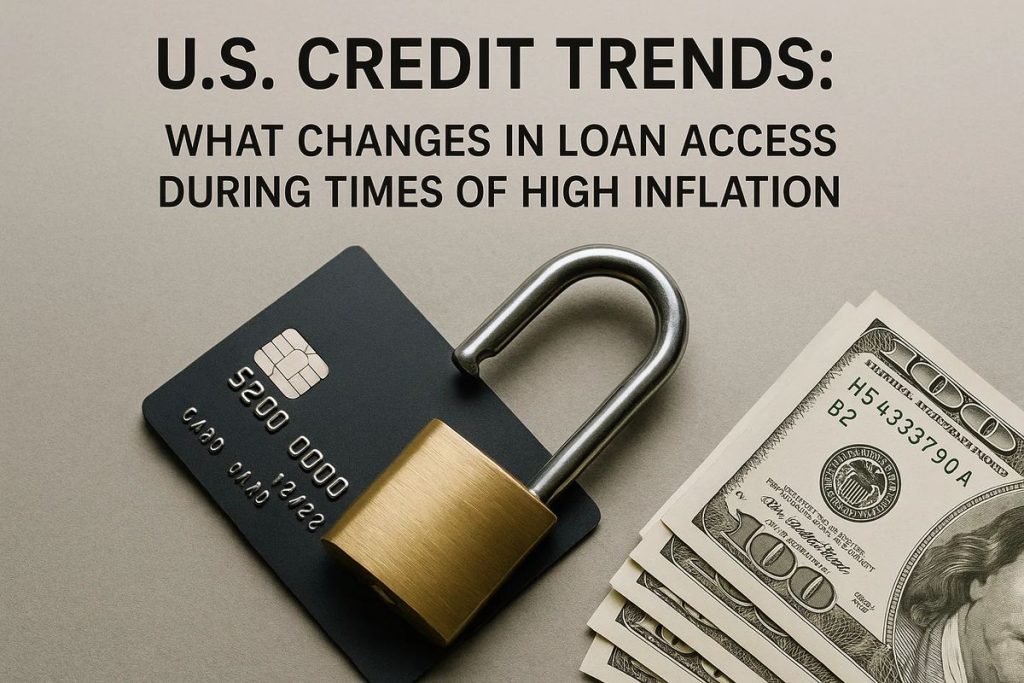 Black credit card with an open golden lock next to hundred-dollar bills, illustrating access to credit in the United States during periods of high inflation.