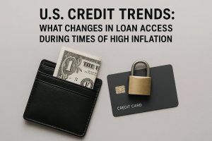 Black leather wallet with a one-dollar bill and a credit card with a golden lock, symbolizing restrictions and changes in American credit during times of inflation.