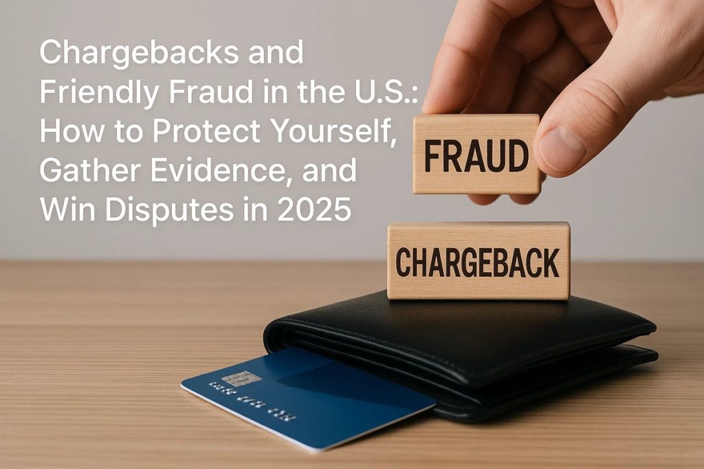 A hand holding two wooden blocks labeled “FRAUD” and “CHARGEBACK” above a black wallet with a blue credit card, next to a paper showing the text “Chargebacks and Friendly Fraud in the U.S.: How to Protect Yourself, Gather Evidence, and Win Disputes in 2025.”