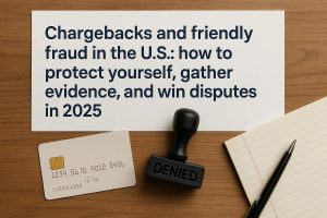A white credit card, a rubber stamp marked “DENIED,” and a paper with the title “Chargebacks and friendly fraud in the U.S.: how to protect yourself, gather evidence, and win disputes in 2025” placed on a wooden desk beside a pen and a notepad.