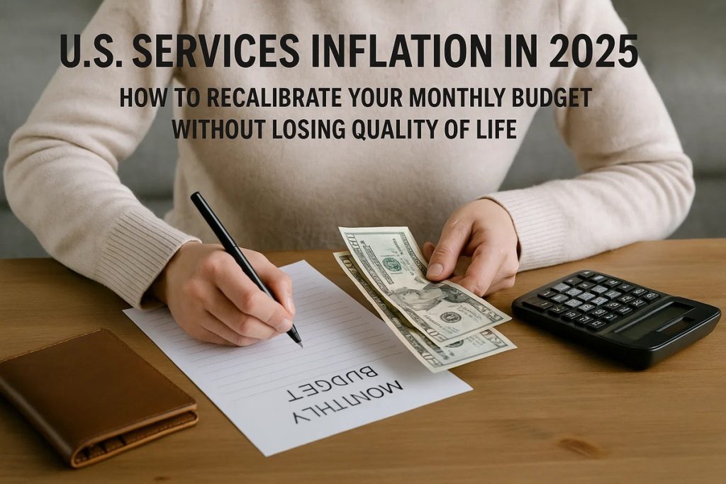A person sitting at a desk writing on a sheet labeled “MONTHLY BUDGET” while holding U.S. dollar bills, with a brown wallet and calculator nearby, under the title “U.S. Services Inflation in 2025: How to Recalibrate Your Monthly Budget Without Losing Quality of Life.”