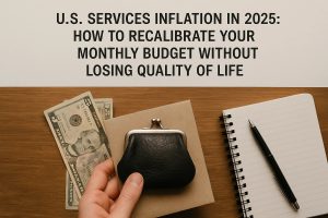 A hand holding a black coin purse next to U.S. dollar bills, an envelope, a notebook, and a pen on a wooden desk, with a paper showing the title “U.S. Services Inflation in 2025: How to Recalibrate Your Monthly Budget Without Losing Quality of Life.”