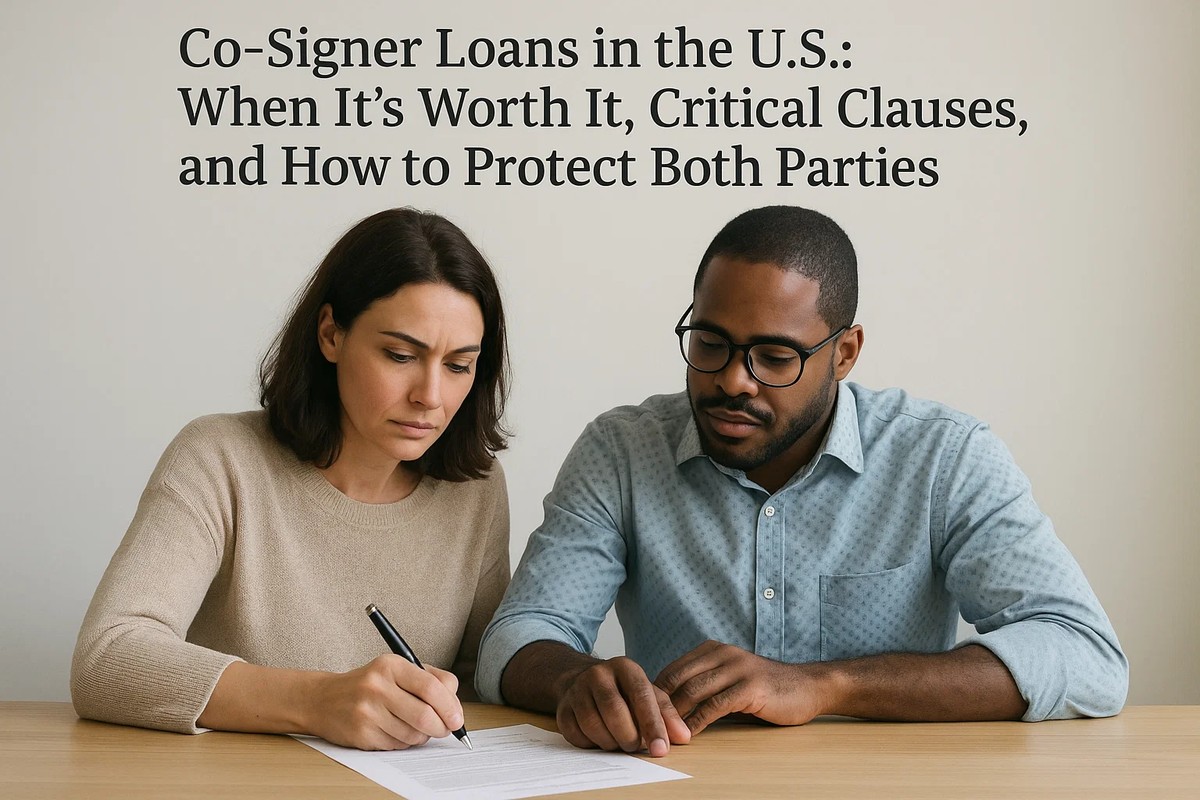 A man and a woman sitting together at a table reviewing and signing a loan agreement, illustrating the concept of co-signer loans in the U.S. and how both parties can protect themselves.