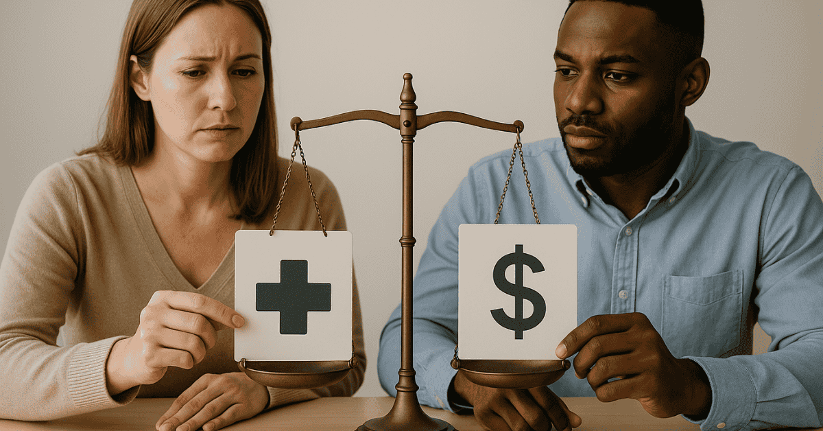 Couple weighing healthcare costs against money on a balance scale, illustrating financial decisions and loans for medical expenses.