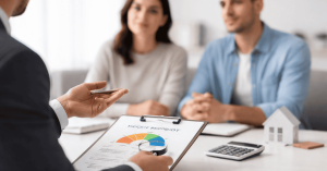 Financial advisor presenting a portfolio performance chart to a young couple, discussing long-term investments and financial goals.