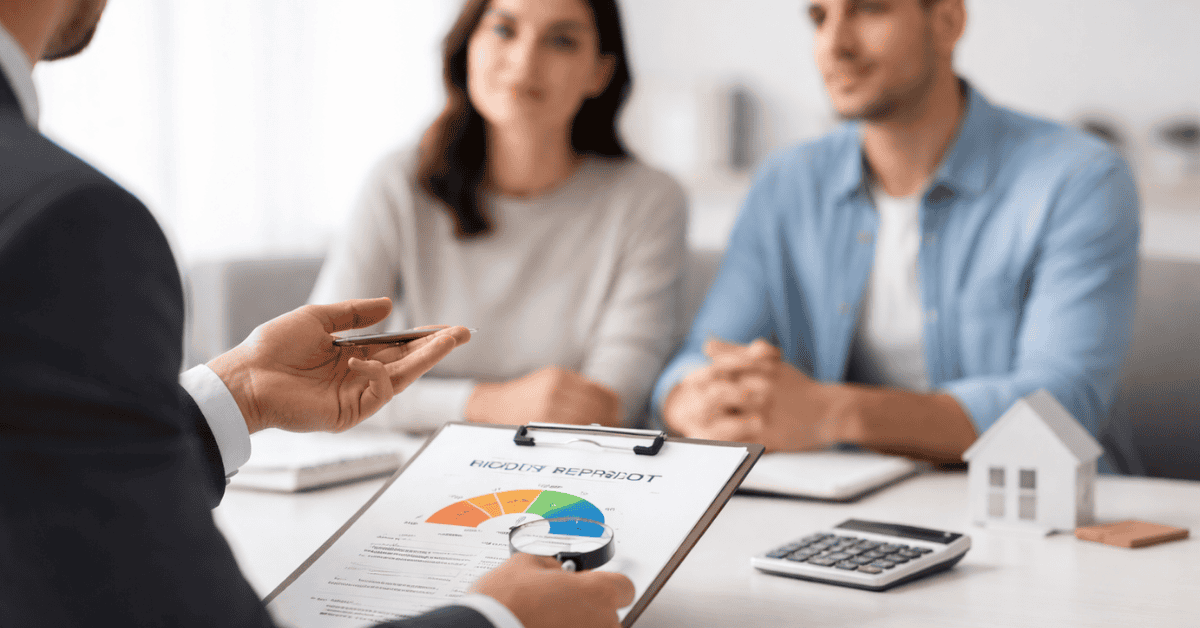 Financial advisor presenting a portfolio performance chart to a young couple, discussing long-term investments and financial goals.