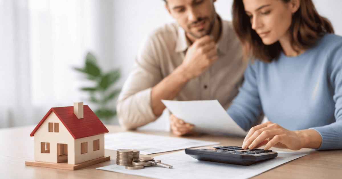 Couple reviewing financial documents at a table, calculating costs with a calculator next to a model house and coins, representing a home loan planning and household budgeting.