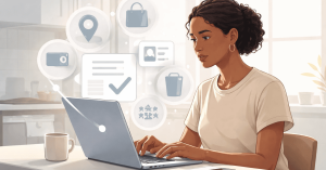 Woman working on a laptop at home, reviewing digital financial information and approval icons on the screen, representing an online loan application and personal finance management.