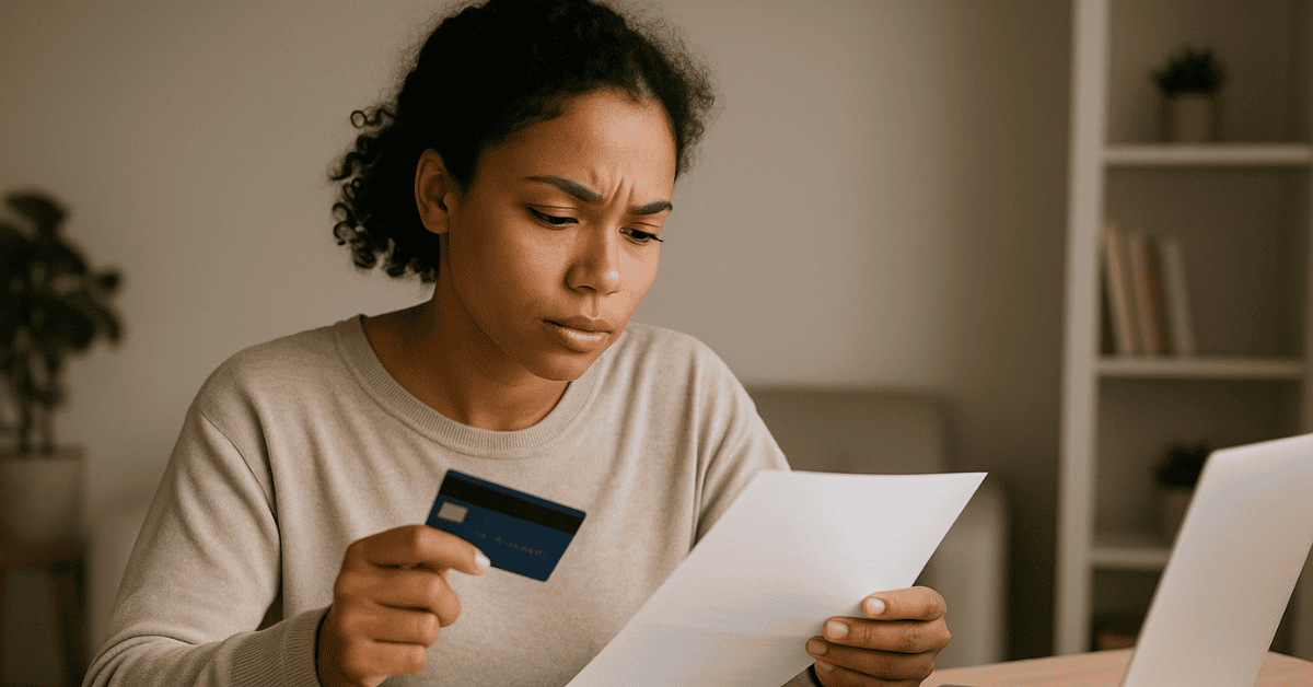Concerned woman checking a statement at her desk, holding a card and thinking about loans