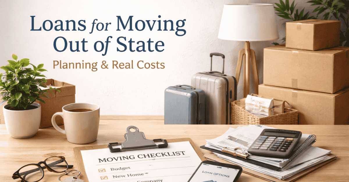 Moving checklist, boxes, and calculator on a desk, illustrating loans for moving and relocation planning.