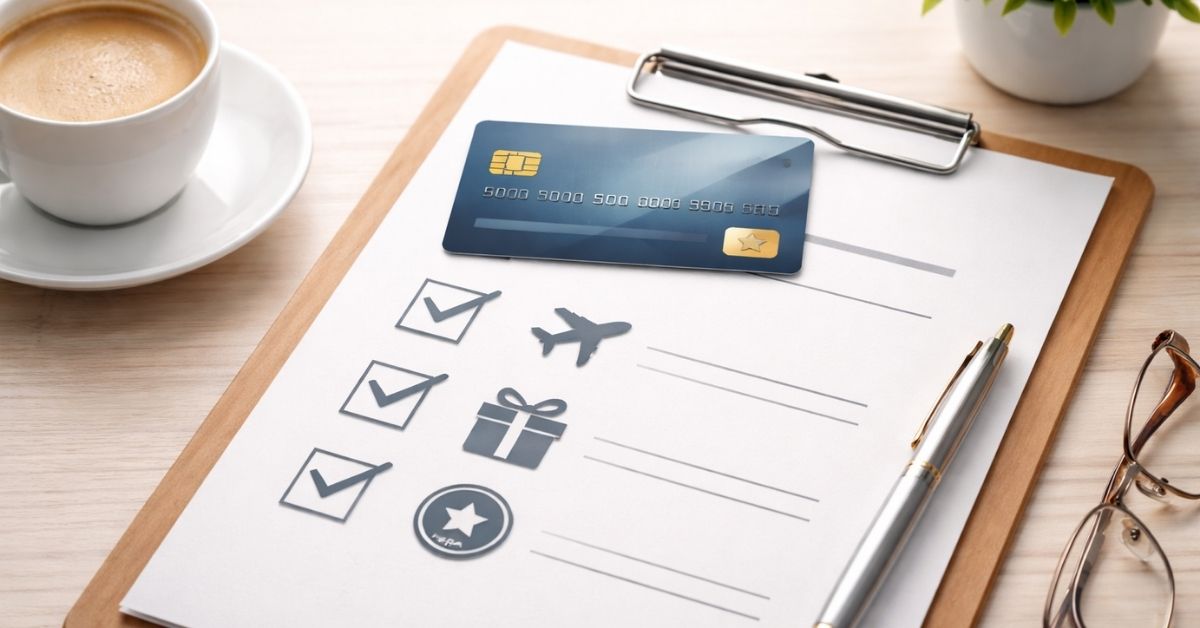 Credit card placed on a checklist with travel and rewards icons, representing benefits, spending options, and financial planning.
