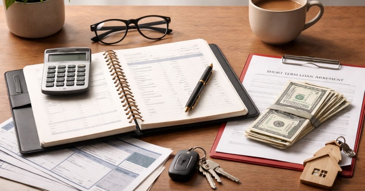 Loans in the United States illustrated by cash, loan agreement documents, calculator, and financial planning materials on a desk.