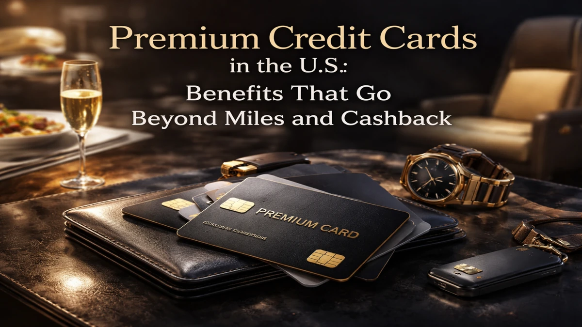 Premium credit cards displayed on a luxury desk with a wallet, watch, and champagne, representing high-end financial benefits beyond miles and cashback in the U.S.