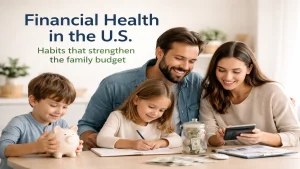 Family managing finances at home with calculator, savings jar, and piggy bank, illustrating financial health and budgeting habits in the United States
