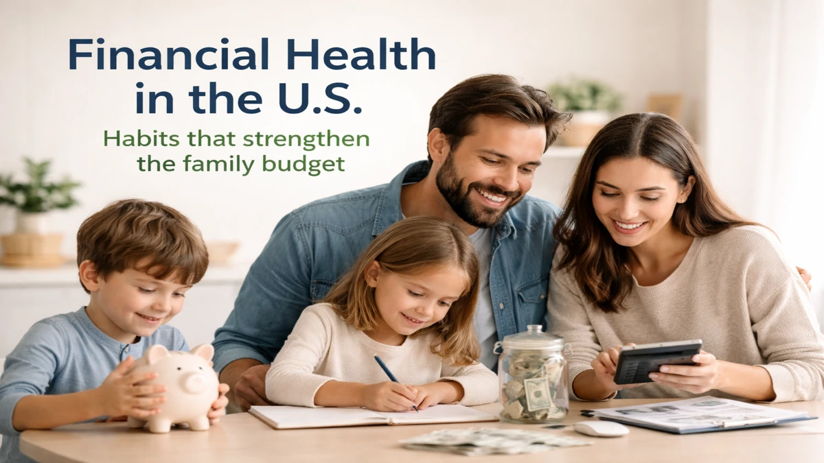 Family managing finances at home with calculator, savings jar, and piggy bank, illustrating financial health and budgeting habits in the United States