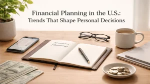 Financial planning workspace with notebook, cash, coins, smartphone, and coffee, representing personal finance trends and money management decisions in the United States.