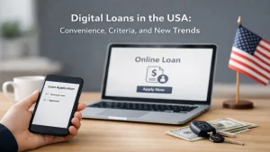 Digital loans in the USA concept showing a person holding a smartphone with loan application, laptop displaying online loan approval, US flag, cash and car keys on desk representing financial services and lending trends