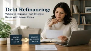 Woman reviewing financial documents at home office while analyzing debt refinancing options to replace high interest rates with lower and more manageable payments.
