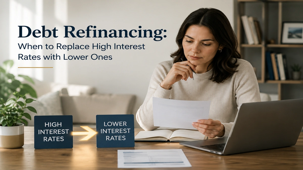 Woman reviewing financial documents at home office while analyzing debt refinancing options to replace high interest rates with lower and more manageable payments.