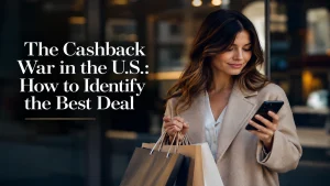 Premium editorial image illustrating the cashback competition in the United States, featuring a stylish woman shopping while checking cashback offers on her smartphone in a modern urban setting, with cinematic lighting and elegant typography displaying “The Cashback War in the U.S.: How to Identify the Best Deal”.