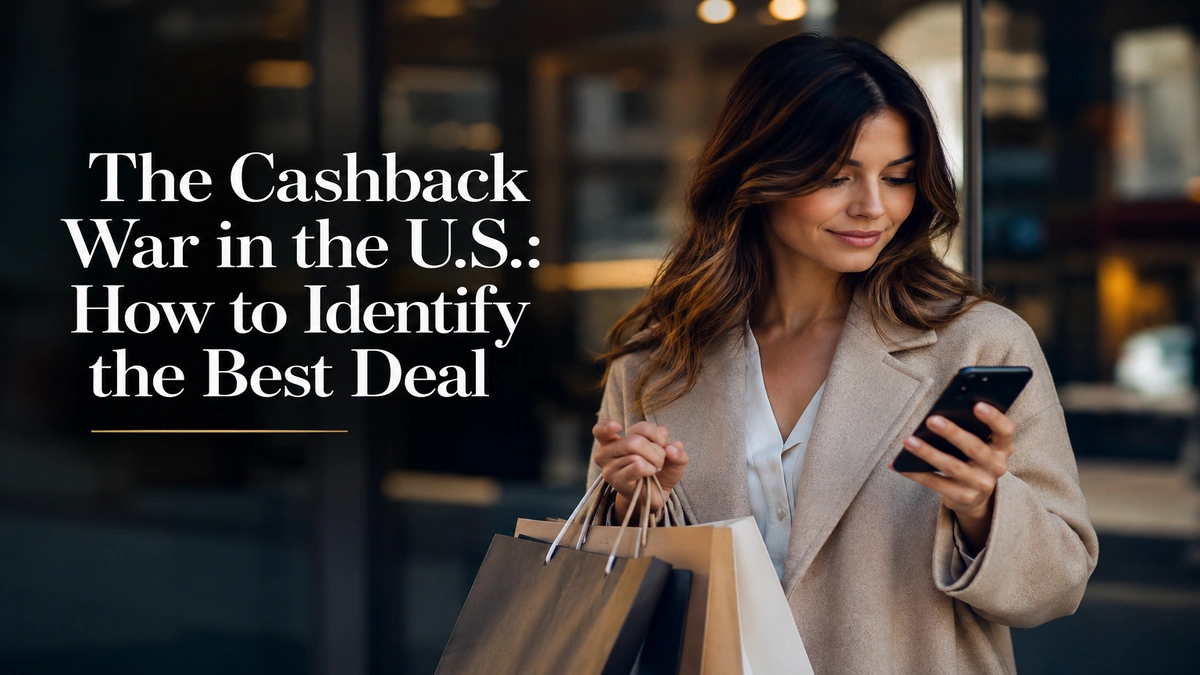 Premium editorial image illustrating the cashback competition in the United States, featuring a stylish woman shopping while checking cashback offers on her smartphone in a modern urban setting, with cinematic lighting and elegant typography displaying “The Cashback War in the U.S.: How to Identify the Best Deal”.