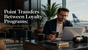 Premium editorial-style image about loyalty point transfers for travel rewards, featuring a sophisticated traveler in an airport lounge using a laptop and passport while planning trips, with cinematic lighting and elegant typography reading “Point Transfers Between Loyalty Programs: Strategies for Better Travel”.