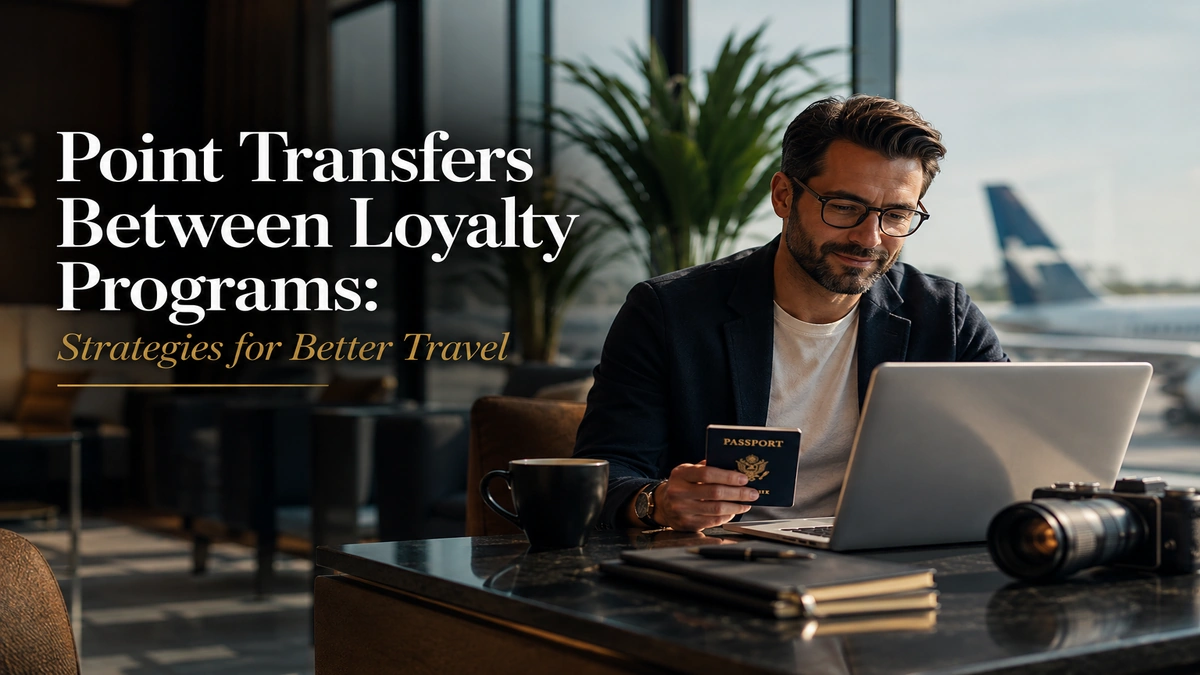 Premium editorial-style image about loyalty point transfers for travel rewards, featuring a sophisticated traveler in an airport lounge using a laptop and passport while planning trips, with cinematic lighting and elegant typography reading “Point Transfers Between Loyalty Programs: Strategies for Better Travel”.