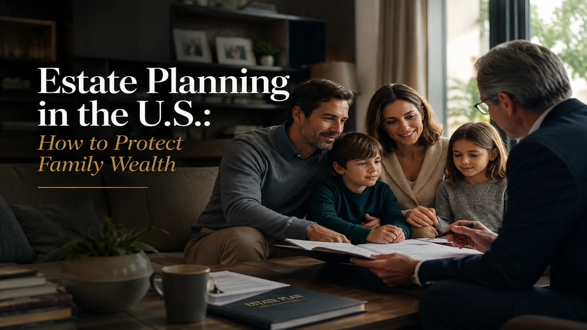 Premium editorial-style image about estate planning in the United States, featuring a family meeting with a financial advisor in a sophisticated living room while reviewing wealth protection documents, with cinematic lighting and elegant typography reading “Estate Planning in the U.S.: How to Protect Family Wealth”.